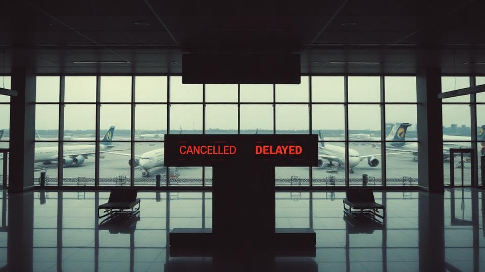Empty airport terminal with grounded planes and flight boards showing cancellations and delays