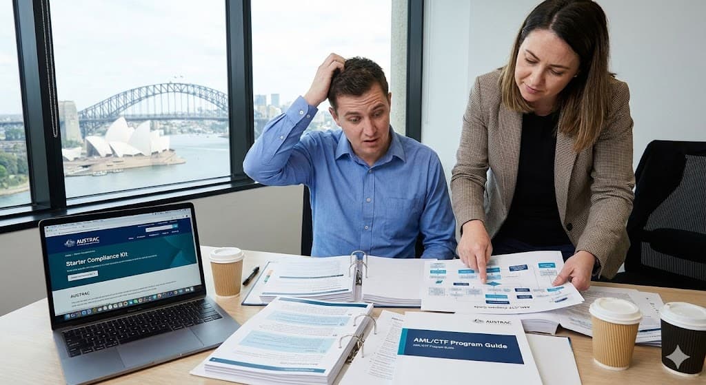 An AUSTRAC starter kit under review, illustrating a report card on free AML/CTF templates