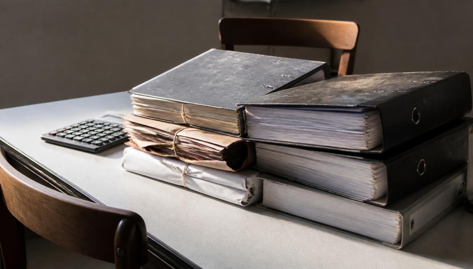 Folders and brief bundles stacked on a desk beside a calculator, illustrating legal costs recovery
