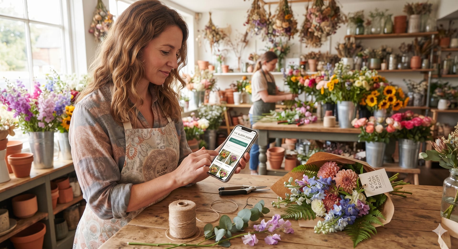 A florist arranging flowers in a small online retail shop, illustrating the ACCC's Meg's Flowers consumer law penalty