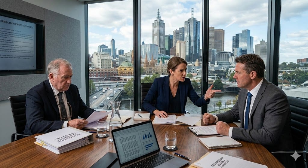 Shareholders in conflict at a boardroom table, illustrating oppression remedies under the Corporations Act
