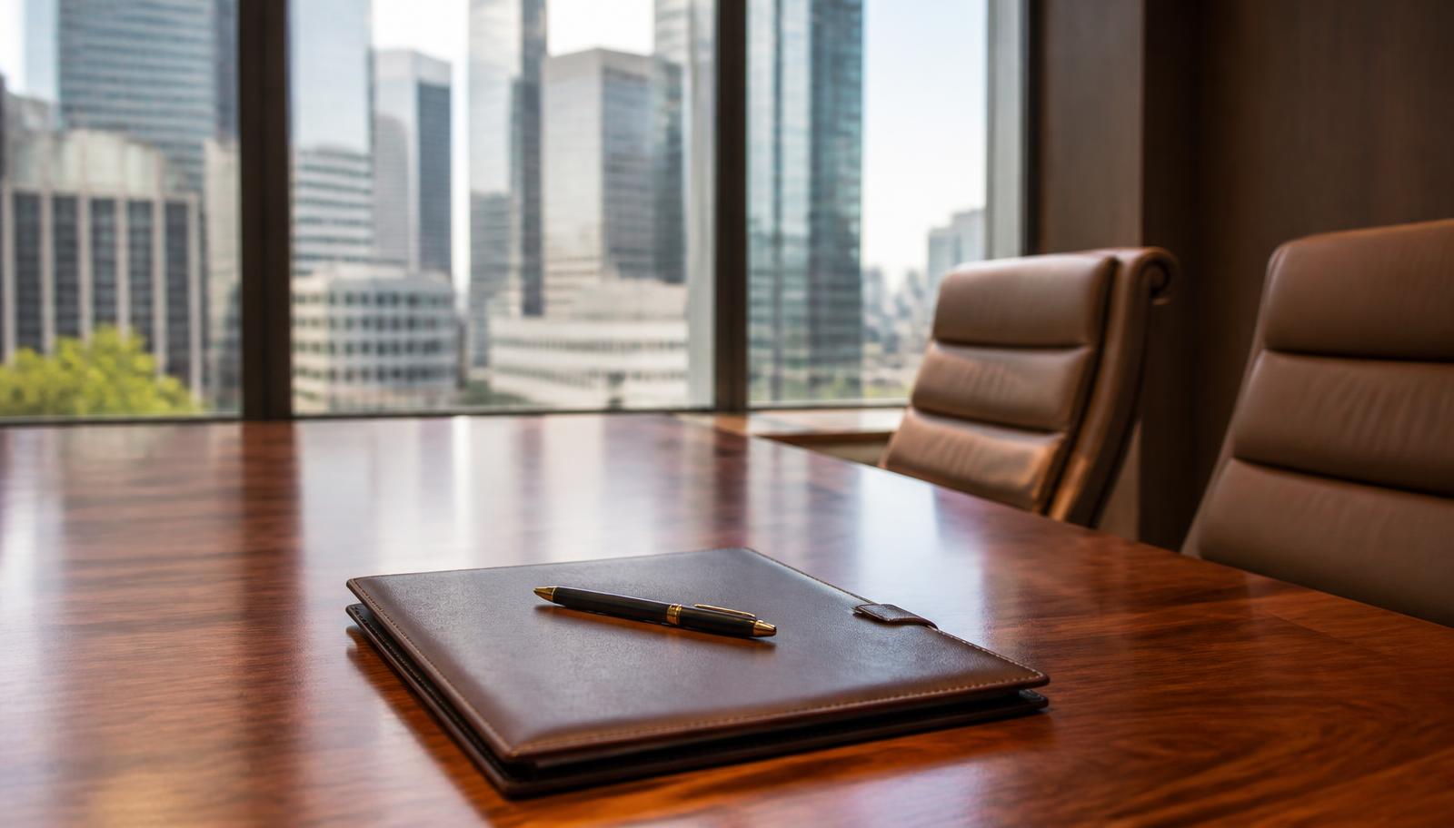 A document folder on a boardroom table with a city outlook, illustrating Queensland's Trusts Act 2025