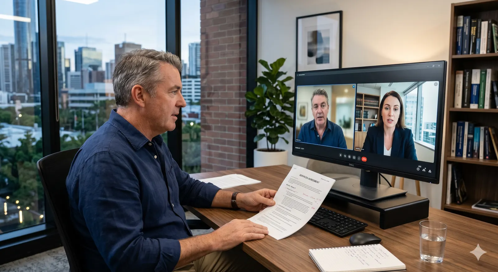 A senior Astris Law lawyer meeting a client on a video conference legal strategy call